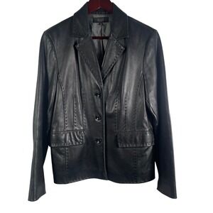 Q.U.E Genuine Lambskin‎ Leather Blazer Jacket Black Size L Lined Button Front